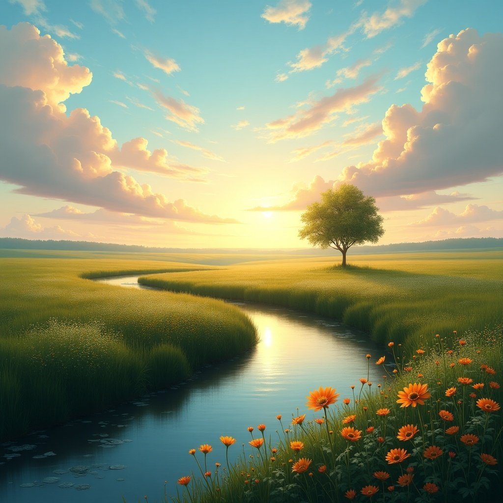 Beautiful landscape with a winding stream and a tree. Bright sky with clouds during sunset. Flowers in the foreground. Calm and serene atmosphere.