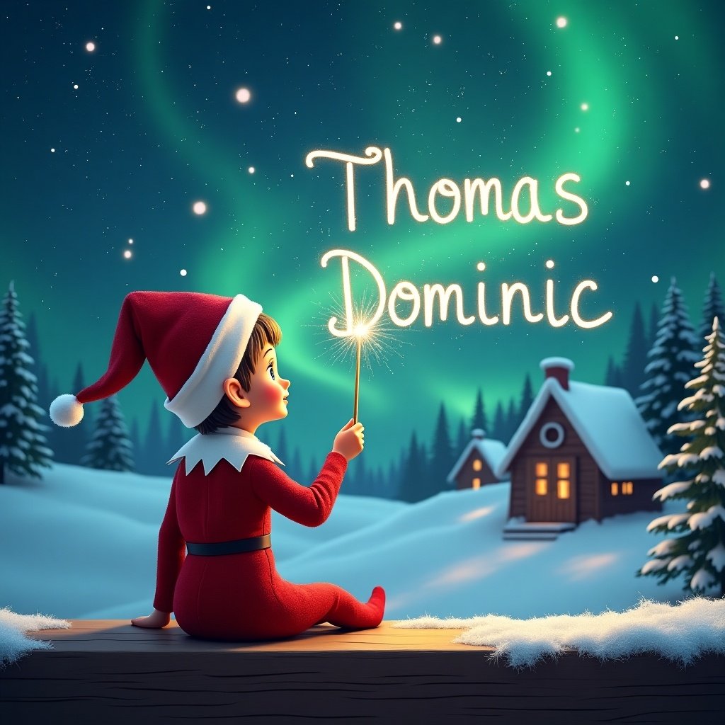 An elf sits on a wooden ledge gazing at a magical sky. The elf wears a red outfit and a pointed hat. The elf holds a sparkling wand. The elf writes the names 'Charlotte', 'Thomas', and 'Dominic' in the starry sky. The background shows a snowy landscape with little houses and evergreen trees under shimmering Northern Lights.