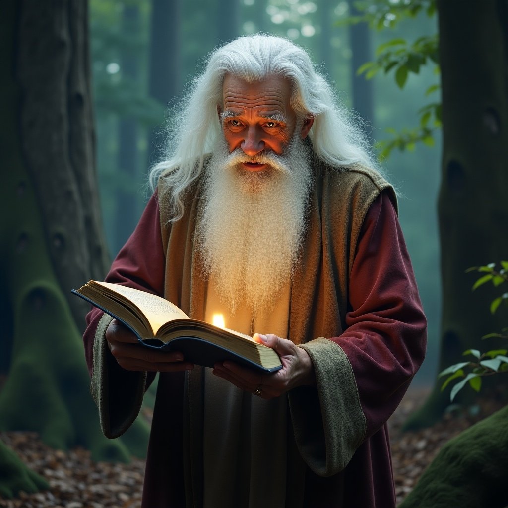 An old man with a long white beard is in a magical forest. He is holding an open book that glows with light. The surrounding landscape is mystical with tall trees and soft lighting.