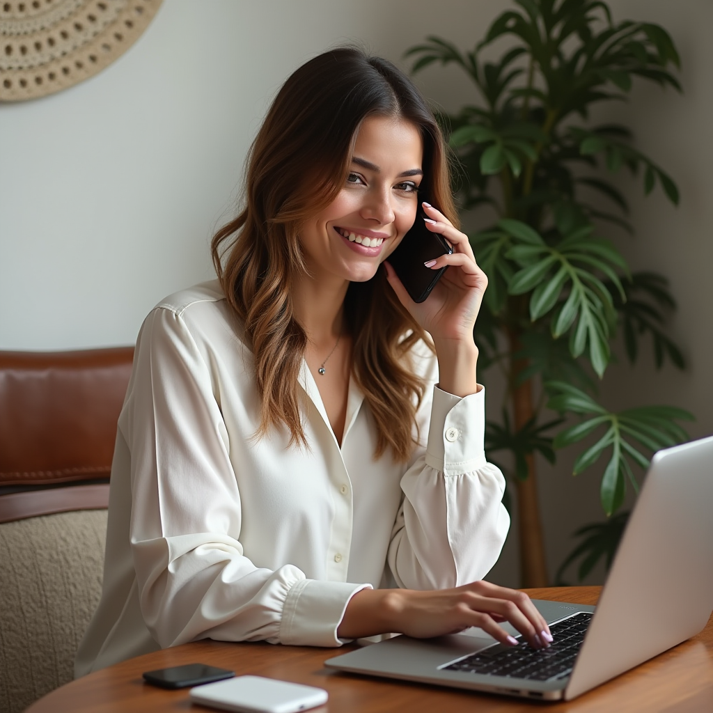 A woman in a white blouse is smiling while talking on a cellphone and using a laptop.