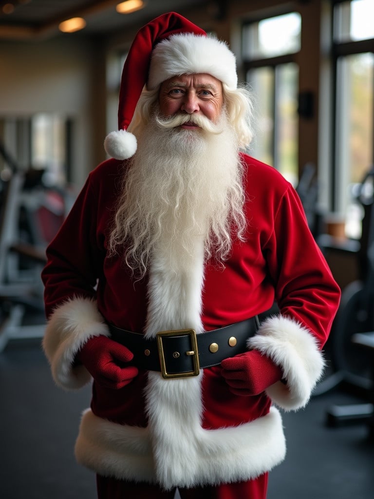 Realistic image of Santa Claus standing in a gym. Santa wears a bright red suit with white fur trim and a black belt. Background shows gym equipment and large windows. Healthy lifestyle theme. Ideal for fitness and holiday advertising.