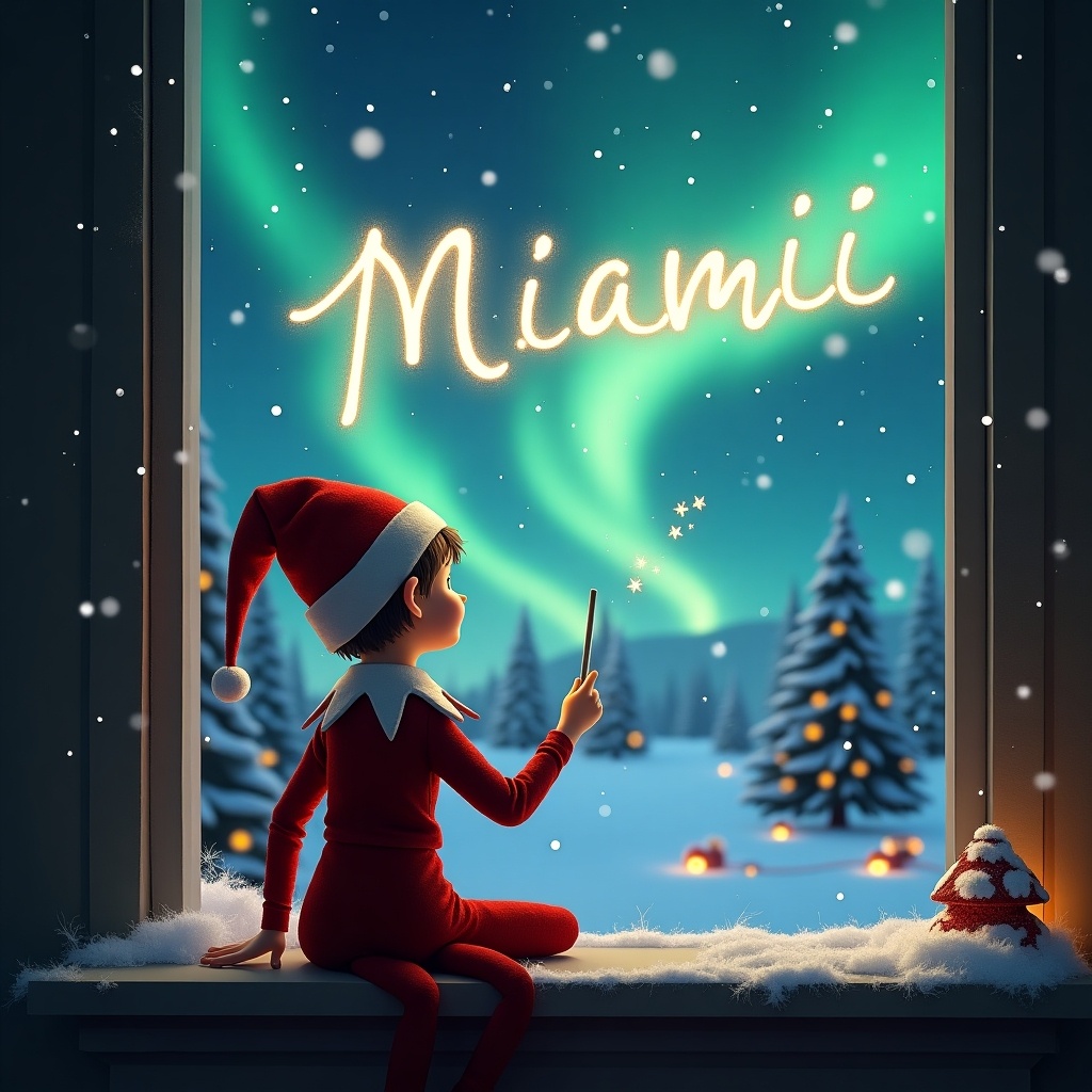 A charming illustration features an elf on the shelf sitting with his back turned to the viewer. The elf is facing a magical night sky, using a wand to write the word 'Miamii' in sparkling letters. The background is a festive winter landscape, adorned with northern lights and snow-covered trees, creating a whimsical Christmas atmosphere. Nearby, a small Santa figurine adds to the holiday charm. The scene radiates warmth and joy, ideal for holiday-themed content.