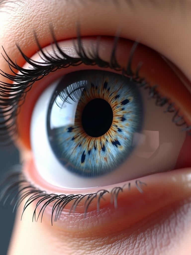 A hyper-realistic model of a human eye designed for close-up rendering. The iris has intricate radial patterns in cool blue and silver. Central glossy reflection enhances depth. The pupil is round and black reacting to light. Smooth sclera shows subtle red veins. Cornea is a transparent convex layer refracting light. Eyelids are textured with skin details like pores and slight wrinkles. Soft directional lighting highlights glossy cornea and iris intricacies. Neutral background emphasizes eye textures and geometry.