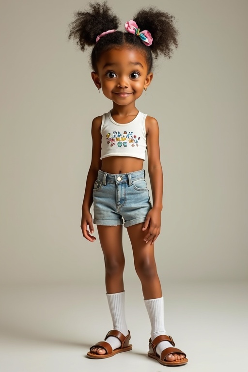 A very skinny girl wearing a crop top and denim shorts. The child has beautiful tan skin. She wears white knee socks and sandals. Her hair is in a puffy style with colorful hair accessories. The background is a simple light color.