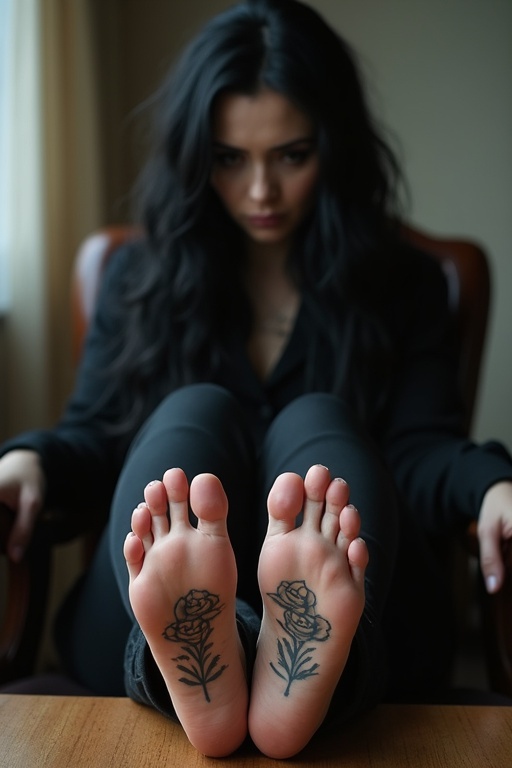 A mature goth woman has black long hair. She shows her feet with tattoos on the soles. She's sitting on a chair with her feet on a table. The expression suggests she is worried.