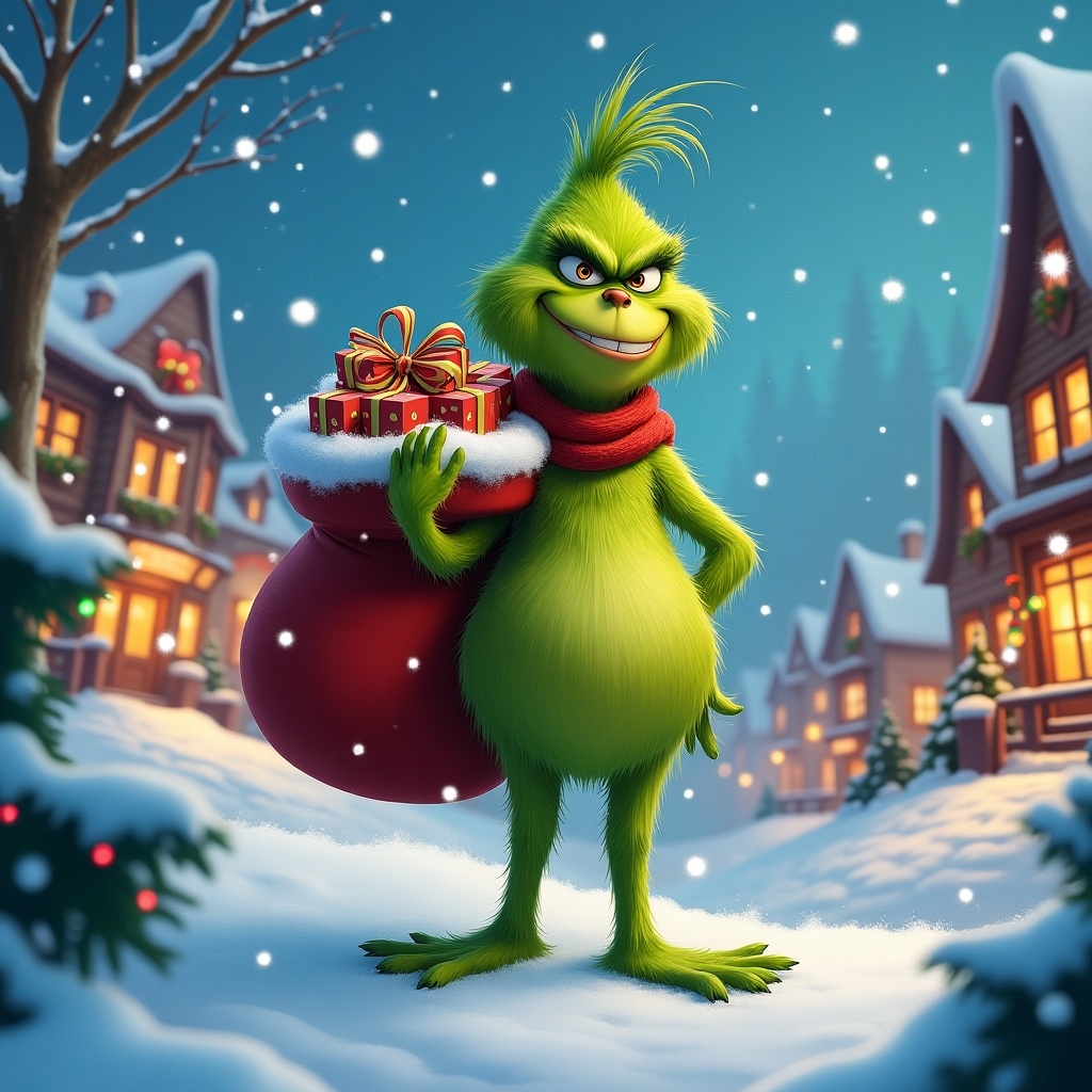 Green character with a mischievous grin. Holding a bag filled with gifts. Set against a snowy village backdrop. Christmas lights adorn cozy homes. Snowflakes fall gently around the scene.