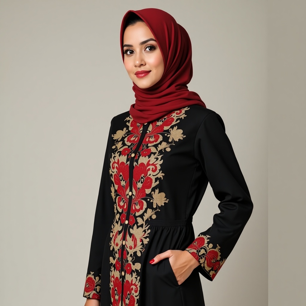 This image showcases a woman wearing traditional Malay attire. She is dressed in a Baju Kurung, highlighted with intricate floral patterns in red and gold. The outfit is set against a neutral background, drawing attention to its elegance. The woman also wears a hijab, adding to the cultural representation of the attire. Her confident pose and soft expression enhance the beauty of the outfit, making it a perfect depiction of traditional fashion in a modern context.