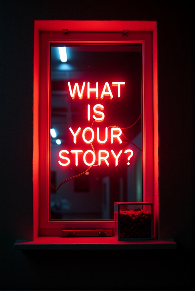 A neon sign in a window glows with the words 'WHAT IS YOUR STORY?' in red light.