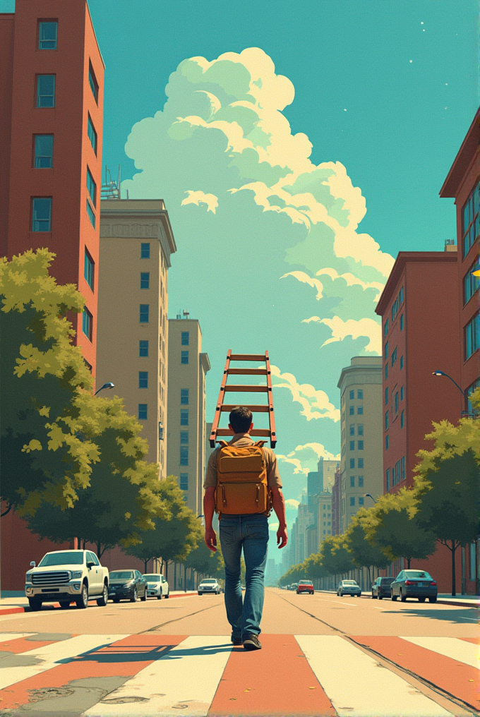 A man with a backpack walks on a city street carrying a ladder, surrounded by tall buildings and trees, under a clear sky.