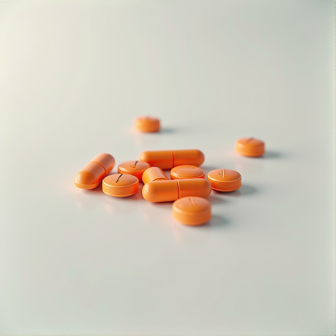 Orange capsules and round tablets scattered on a smooth, neutral background, highlighting their glossy texture.