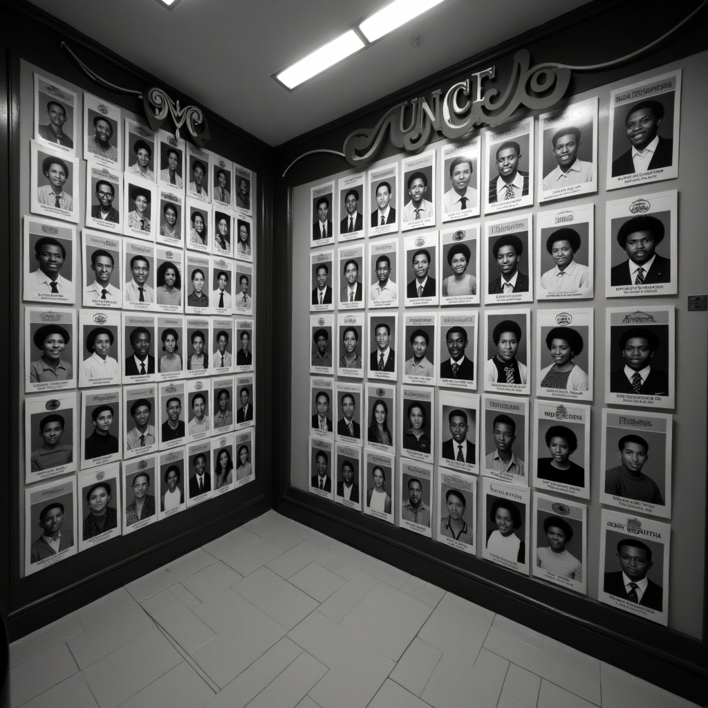 This image features a striking display of black and white photographs showcasing African American graduates. Each portrait is meticulously arranged on draped walls, emphasizing the achievements of these students. At the top of each photo, 'UNCF' is prominently displayed, signifying their connection to the United Negro College Fund. The layout is designed to celebrate educational success and community. The photos create a powerful visual narrative of dedication and accomplishment.