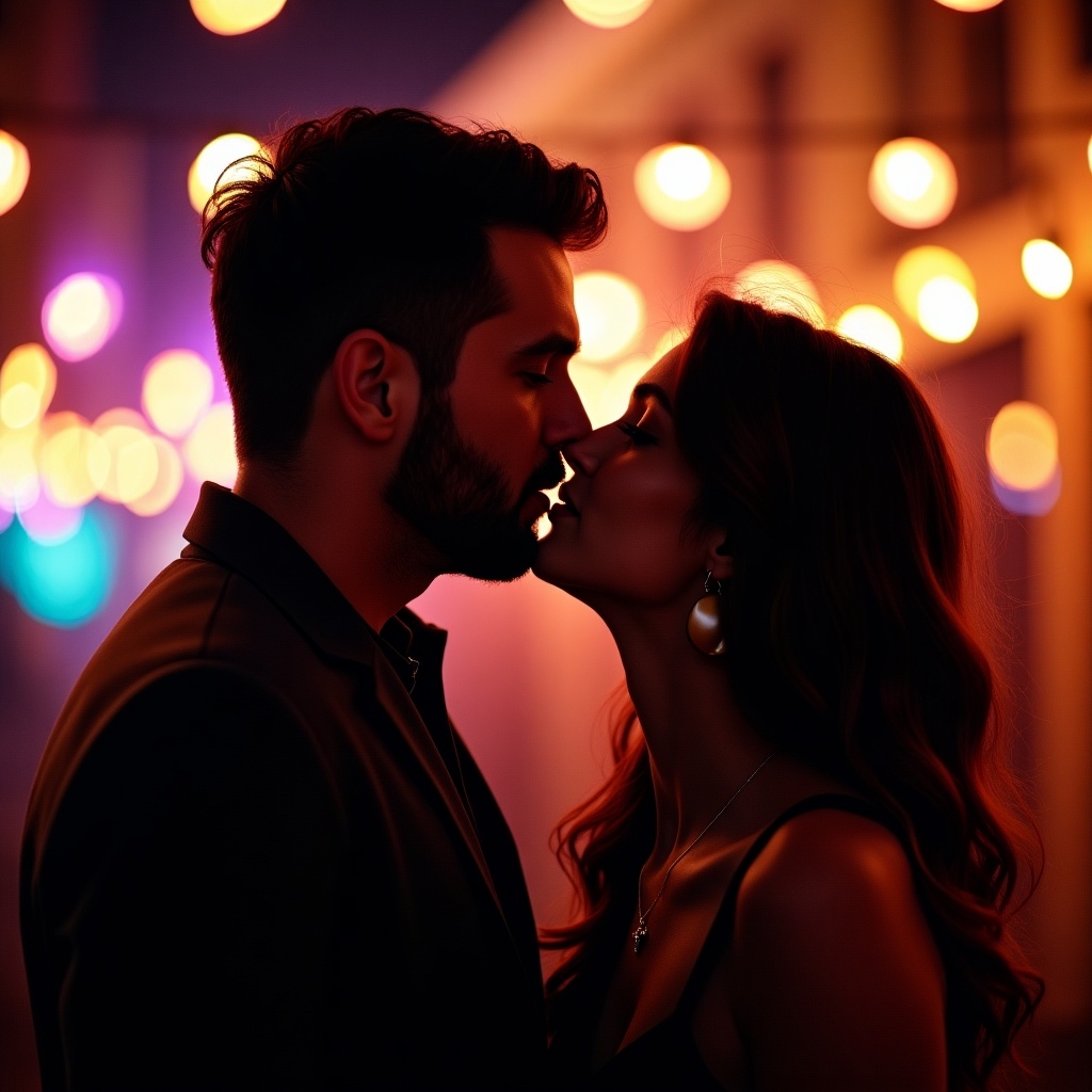 The image showcases two people leaning in for a kiss, creating a romantic atmosphere. They are surrounded by colorful string lights that add a magical touch to the scene. The background is vibrant but artistically blurred, focusing attention on the couple. The lighting is soft and warm, enhancing the intimate feel of the moment. This captures the essence of romance wonderfully, perfect for a love-themed narrative.