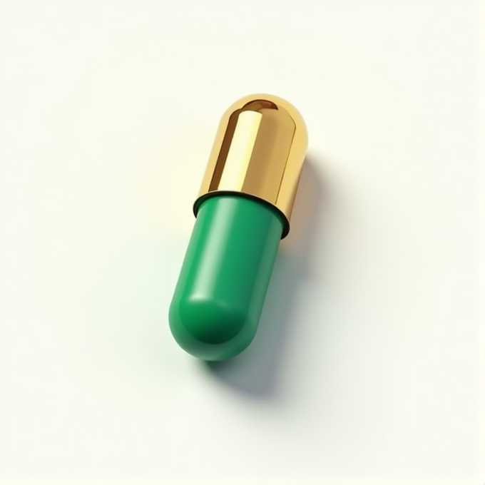 A single green capsule with a shiny gold top against a plain white background.