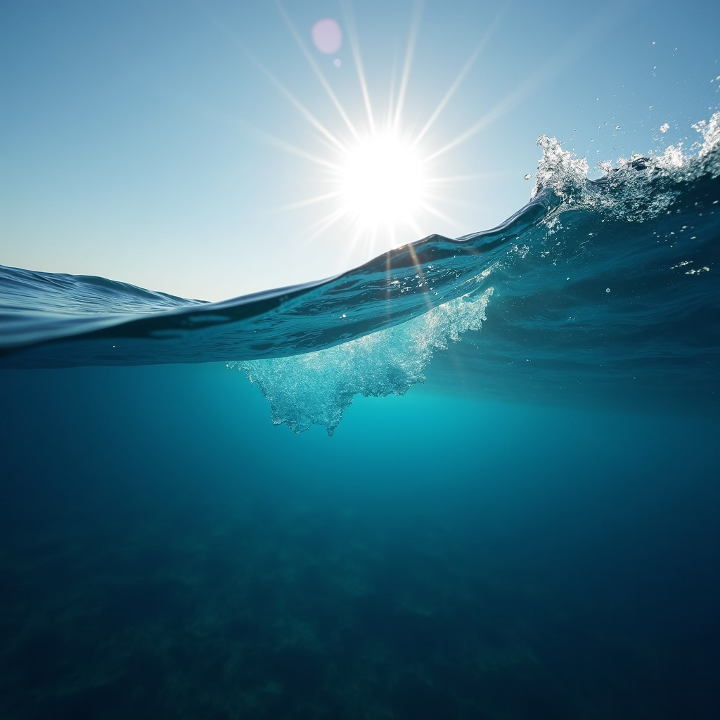 A serene underwater view of a wave, with sunlight piercing through and creating a beautiful interplay of light and shadow.