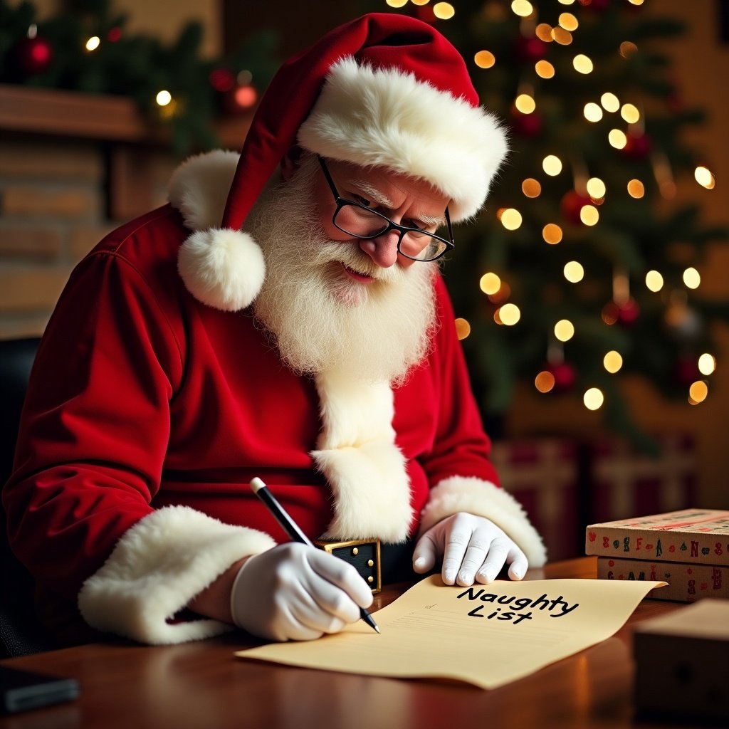 Santa writes on Naughty List parchment. Festive decorations fill the background. Scene conveys warmth and holiday spirit. Focus on Santa's joyful expression and writing activity.