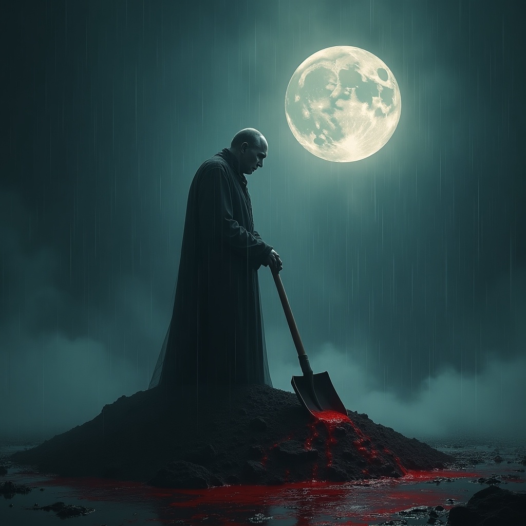 A ghostly figure stands on a mound of earth, digging with a wooden-handled shovel. The scene is set on a rainy night, with a full moon partially revealed in a clearing sky. Blood drips from the moon, creating an eerie atmosphere. The figure appears bald and is dressed in dark, flowing attire. Mist surrounds them, enhancing the ghostly effect of the image. The ground is wet from the rain, reflecting the moonlight.