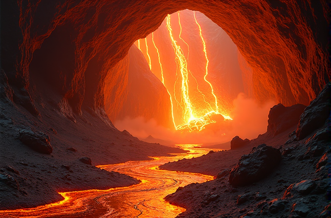 A dramatic scene inside a volcanic cave shows a river of molten lava flowing through, illuminated by cascading streams of bright, glowing lava.