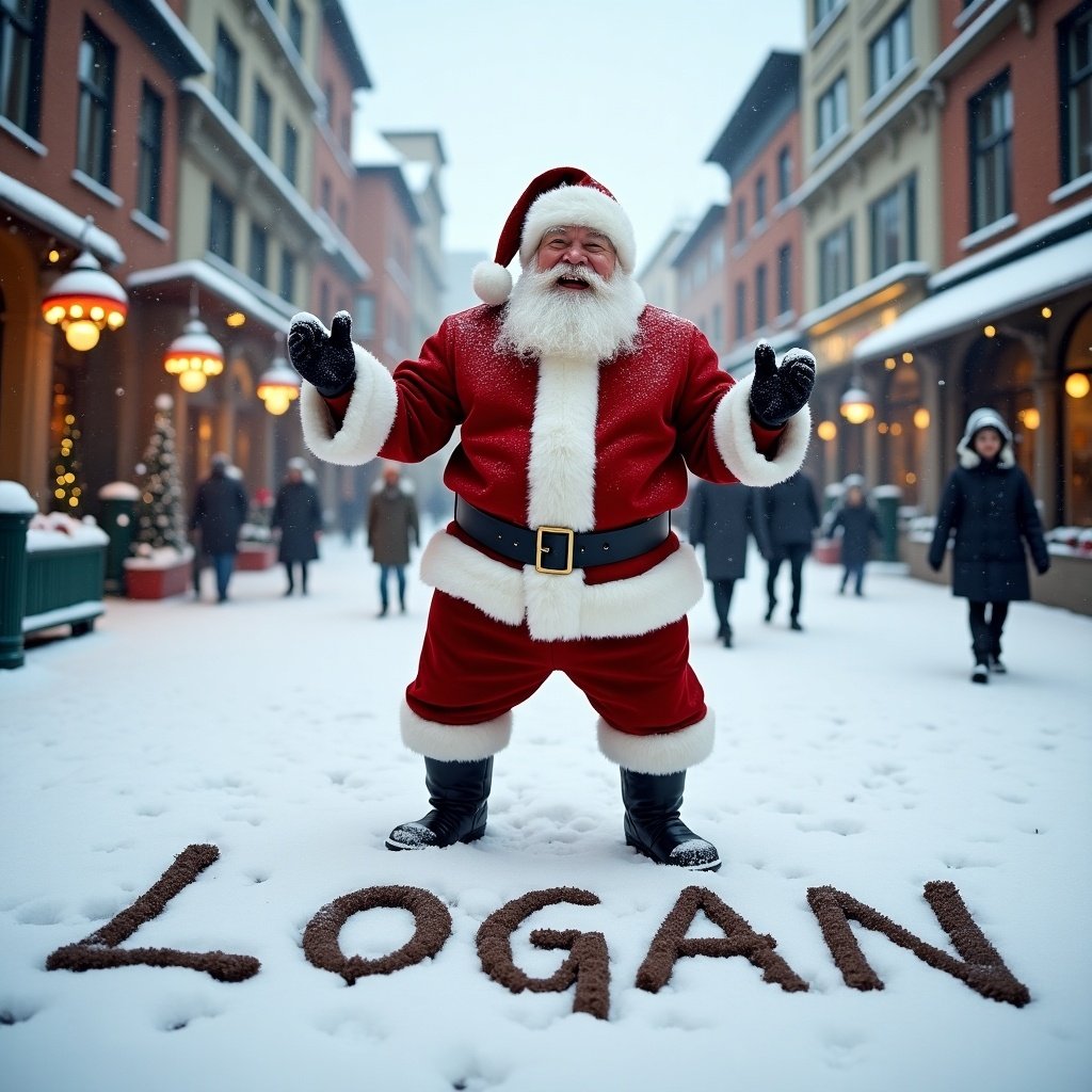 Santa Claus writes Logan in the snow. Santa wears traditional red and white attire with a black belt. The street is covered in fresh snow, lined by charming buildings. The mood is festive and cheerful.