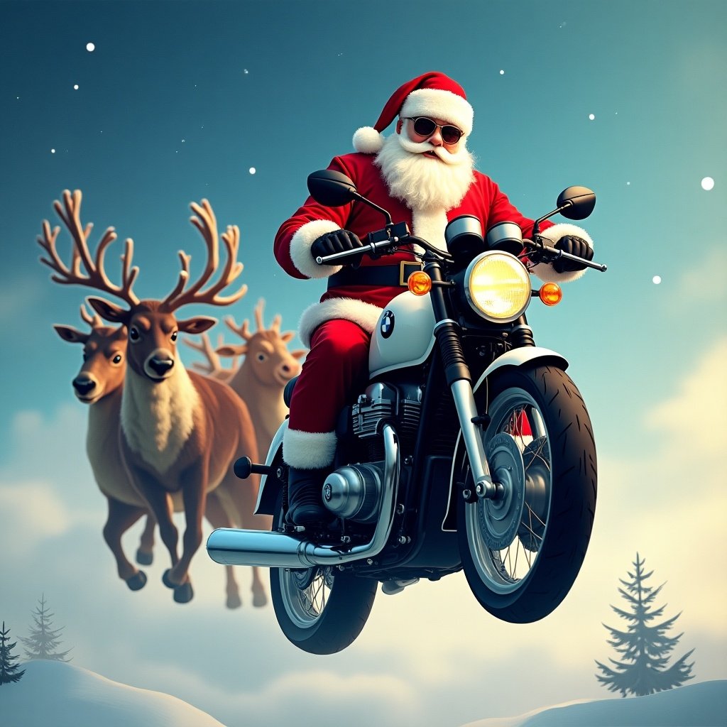 Biker Santa Claus in red and white suit rides a motorcycle through the sky with reindeer. Reindeer are depicted as BMW motorcycles. The sky is bright and cheerful with festive elements.