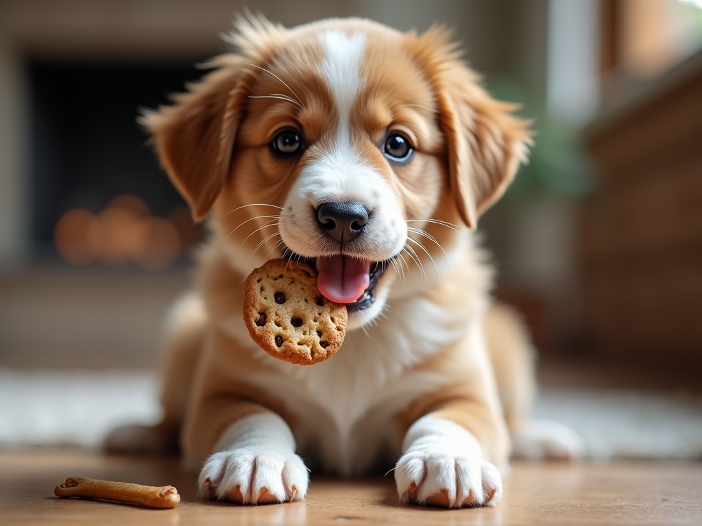 A cute puppy with a cookie in its mouth, in a cozy indoor setting, warm lighting.