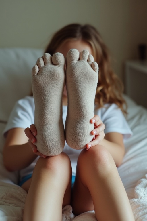 Teenager seated on bed holding up her feet in beige socks with legs crossed. The scene captures a relaxed atmosphere with soft lighting. The focus lies on the soles of her feet.