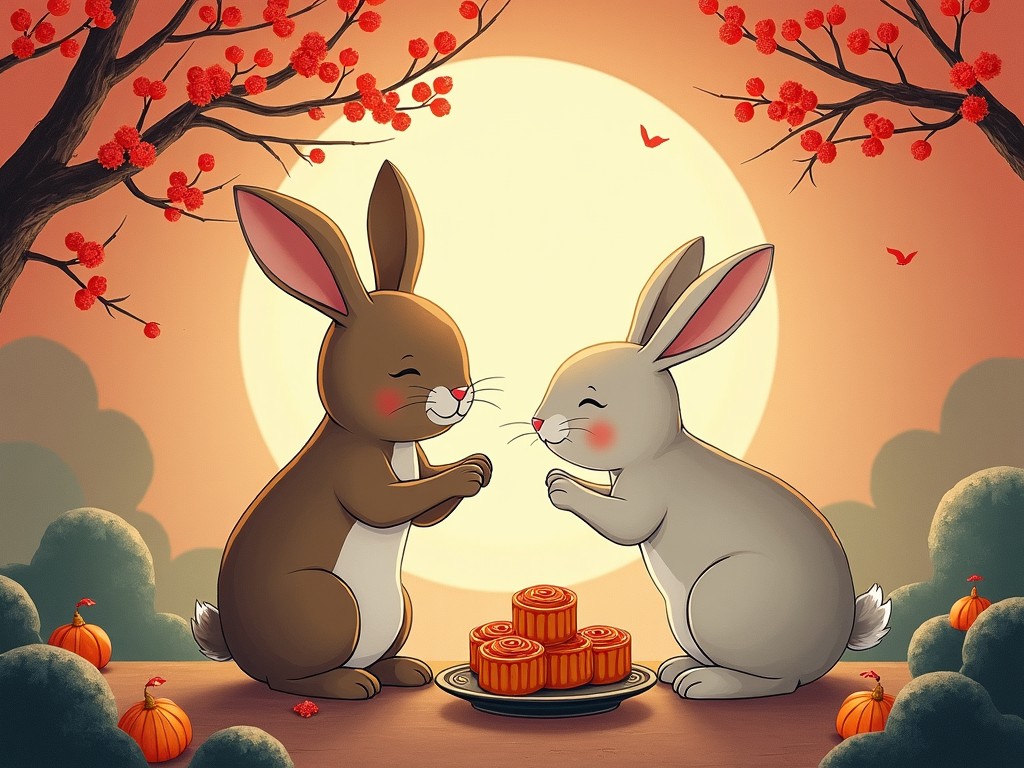 Two cartoon bunnies enjoying mooncakes under a full moon, surrounded by autumn foliage and small pumpkins.