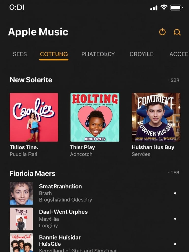 A screenshot of Apple Music app showcasing the interface. The screen displays various music album covers and titles. New music preferences highlighted with a visually engaging layout.