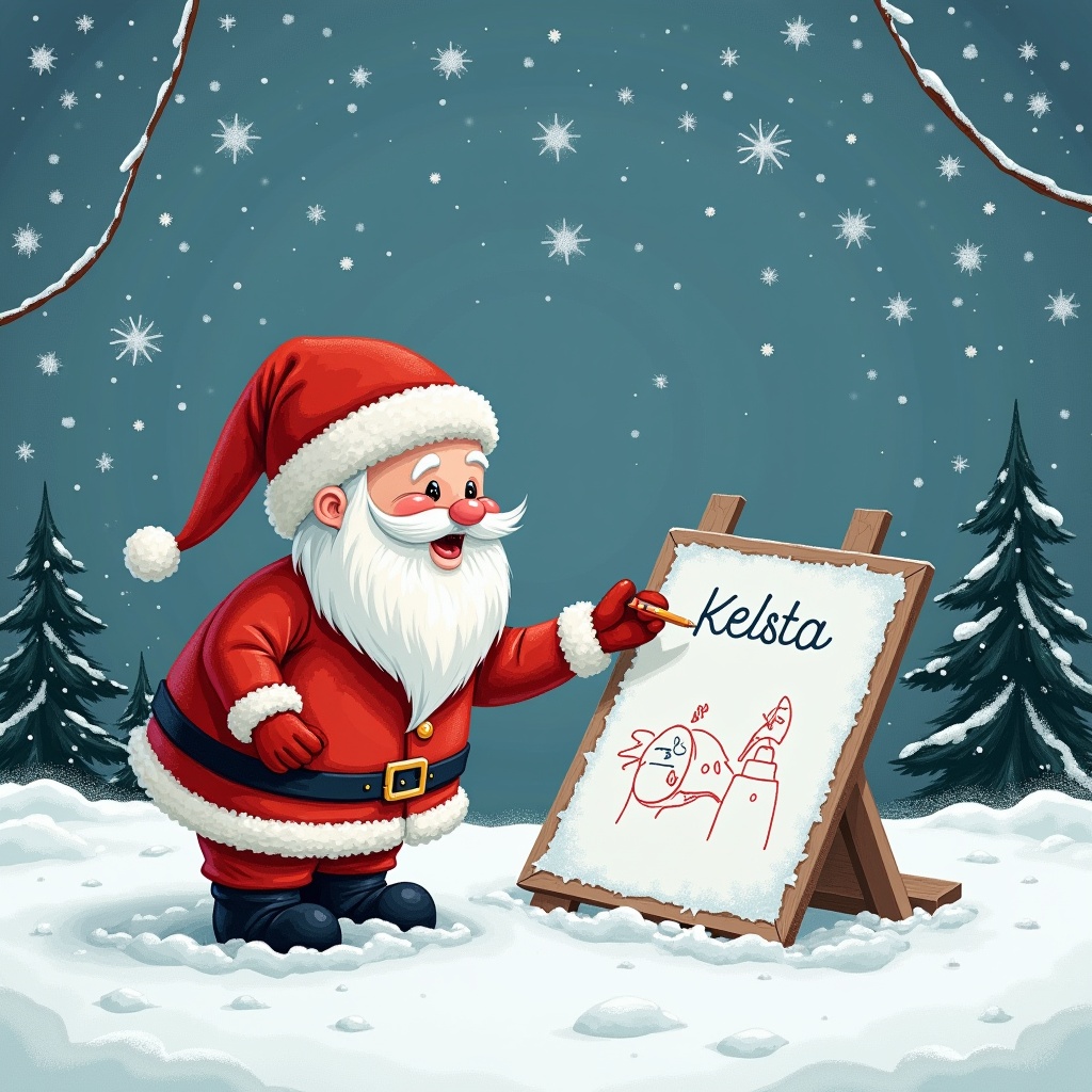 The image depicts Santa Claus in his traditional red suit, standing in a snowy landscape. He has a cheerful expression as he draws the name 'Kelsta' on an easel. The background features gentle falling snowflakes and evergreen trees, adding to the festive atmosphere. The overall mood is joyful and whimsical, perfect for the holiday season. Santa's playful demeanor captures the essence of Christmas spirit.