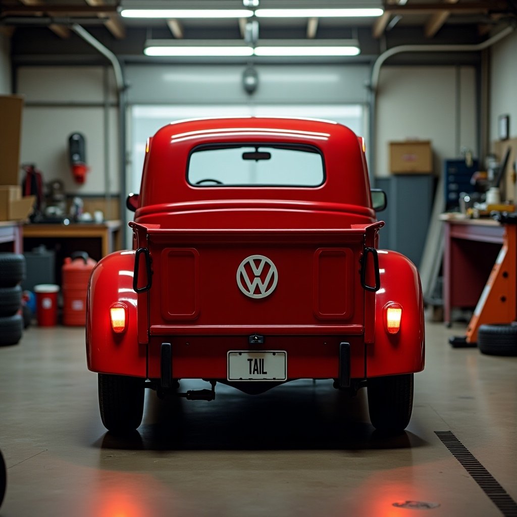 Back profile view of an original model replica Volkswagen Beetle pick-up truck. Truck painted in Ruby Red. Shows classic rear profile with VW logo on the tailgate. Illuminated tail lights emit warm glow. Garage well-lit with cluttered equipment including car jacks and oil cans. Nostalgic vintage setting.