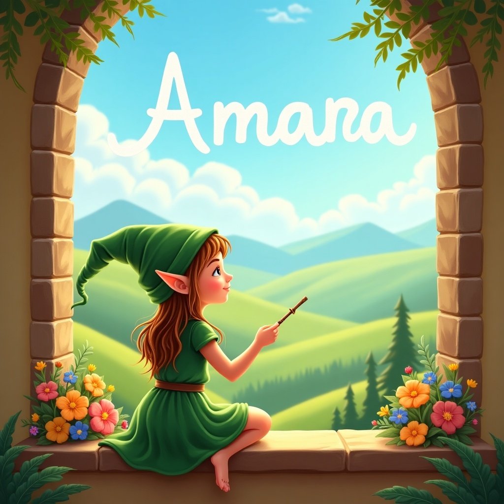 A cute girl elf named Amara is depicted sitting on a window ledge. She has pointed ears and is wearing a lovely green dress with a matching hat. In her hand, she holds a wand, gracefully writing her name in the clear blue sky. The window offers a breathtaking view of rolling hills under a bright sky filled with soft clouds. Colorful flowers adorn the ledge, adding to the enchanting atmosphere. This scene radiates warmth and invites viewers into a magical fantasy world, perfect for children's literature and whimsical art.