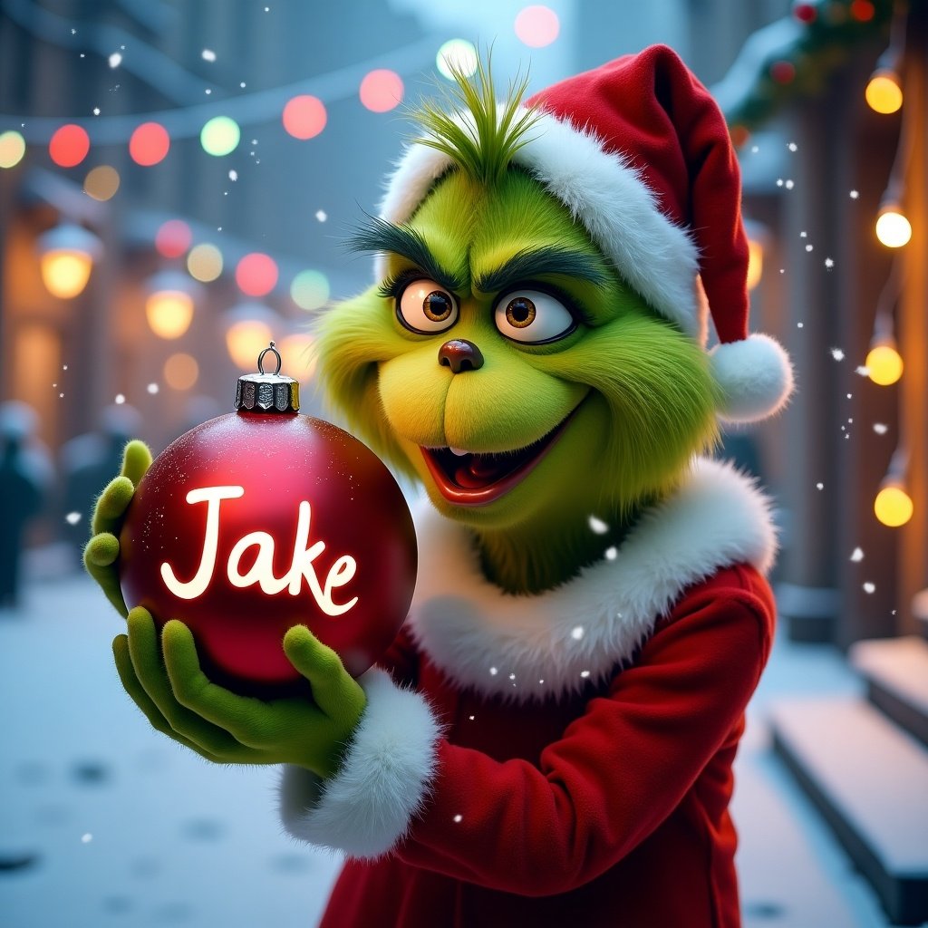 Grinch character in festive clothing holds a red bauble with the name Jake. Snowy landscape features colorful Christmas lights. Cheerful and vibrant atmosphere.