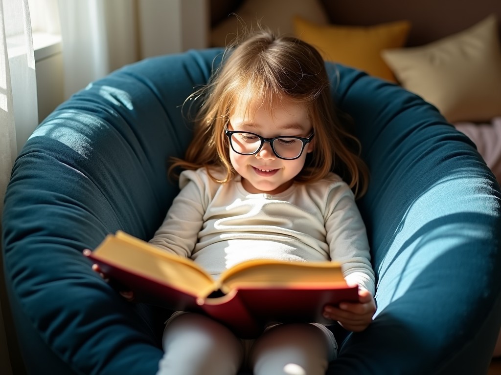 A little girl is sitting in a dark blue chair, wearing glasses and intensely focused on a book in her hands. The chair is round and plush, providing comfort as she reads. Sunlight streams in, illuminating the pages of her book, making the colors pop. She has a small smile on her face, enjoying the story. The room around her is cozy, with soft pillows and a warm atmosphere.