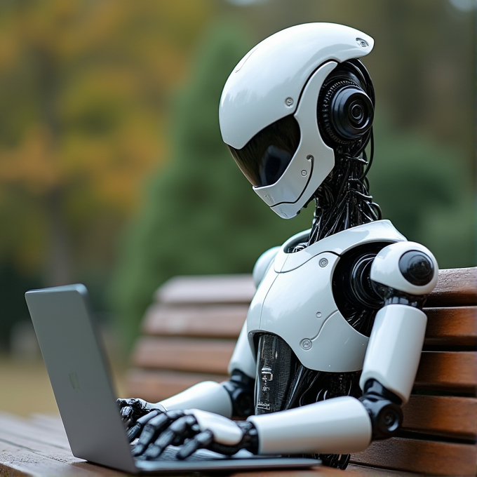 A robot with a sleek design is sitting on a bench, using a laptop outdoors.