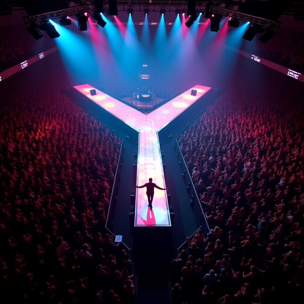 Photograph taken from a drone overlooking a concert stage. Stage features a T-shaped runway. Audience fills the arena, lights create a dramatic atmosphere.