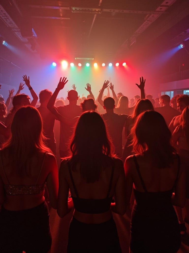 A social gathering at a party with silhouetted figures.