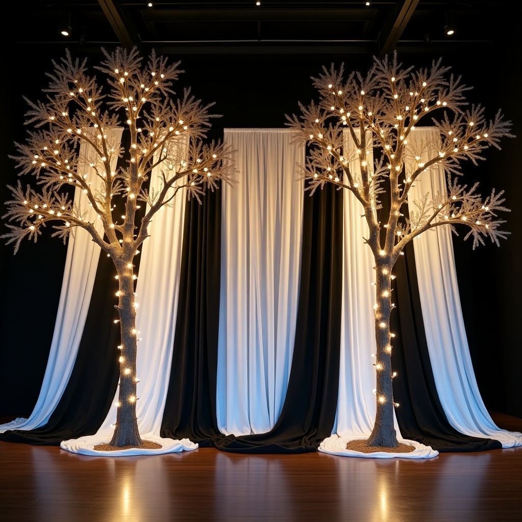 This elegant setup features two giant LED trees adorned with warm lights, creating a festive and inviting atmosphere. The backdrop consists of beautifully draped black and white fabric, which contrasts nicely with the trees. Soft lighting enhances the overall ambiance, highlighting the intricate designs of the trees. The arrangement is symmetrical, drawing attention to the trees in a balanced manner. This image serves as a perfect example of stylish event decor, ideal for celebrations or special occasions.