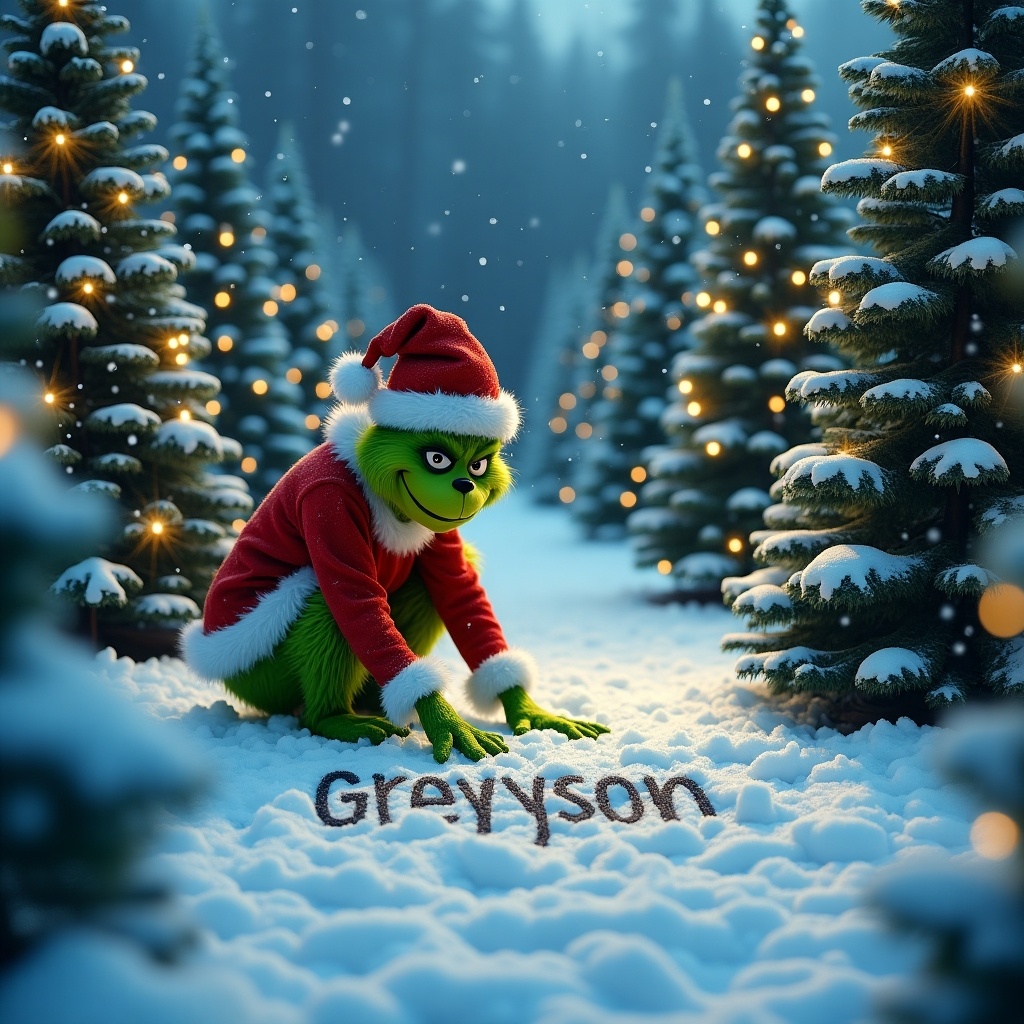 The Grinch is outside in the snow. Christmas trees surround him, decorated with lights. The Grinch is writing the name Greyson in the snow.