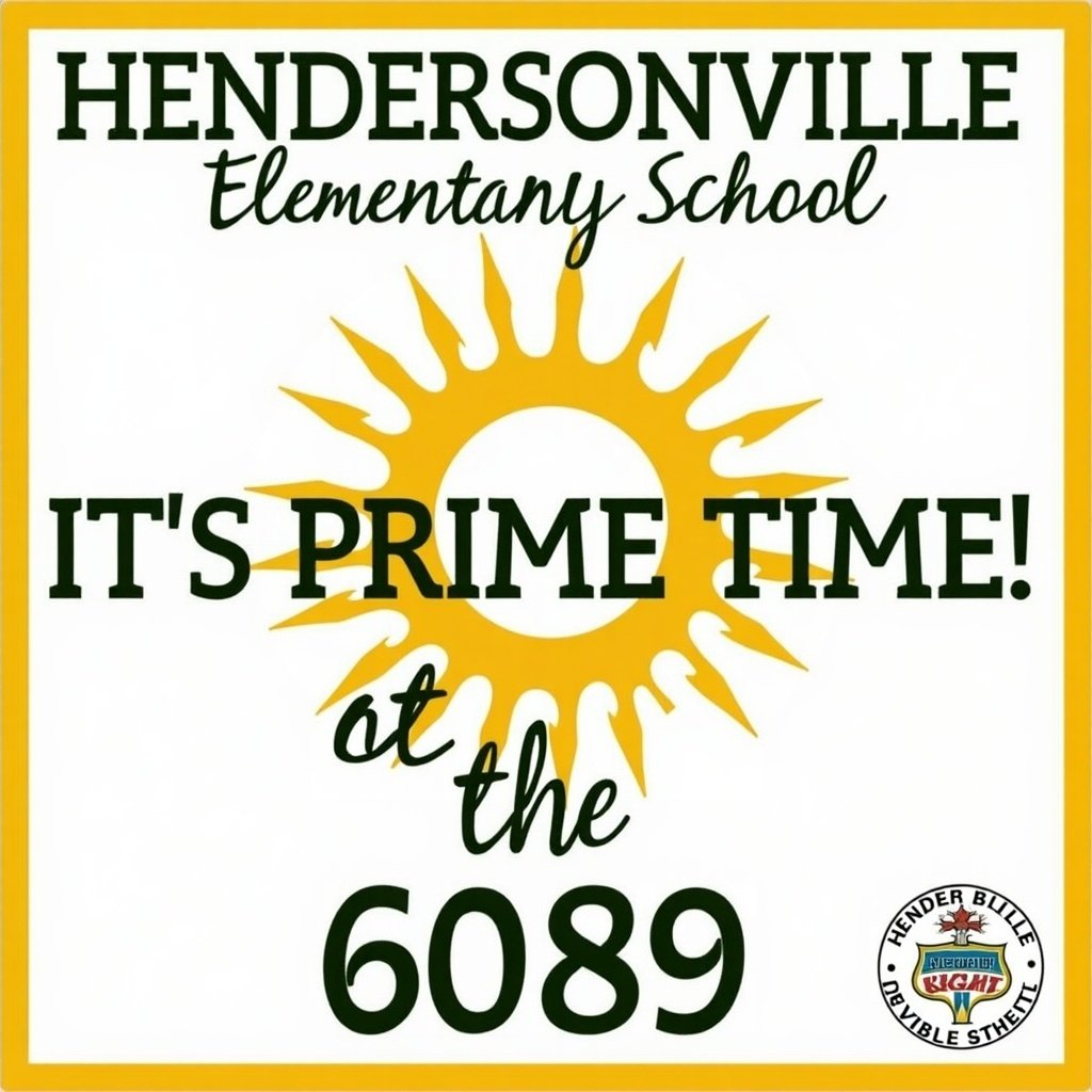 Hendersonville Elementary School theme announcement design. Bright sun graphic behind text. Includes hashtag It's Prime Time at the 6089. Colorful and inviting layout.