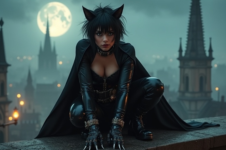 Crouching cat burglar on gothic rooftop beneath full moon. Short, jet-black hair styled messily. Piercing eyes and sly smile. Tight black leather catsuit with steampunk elements. Mechanical gauntlets and utility belt with gadgets. Flowing dark cape adds mystery. Boots with sharp claw-like extensions. Background features a foggy Victorian cityscape with gothic cathedrals and gas lamps.