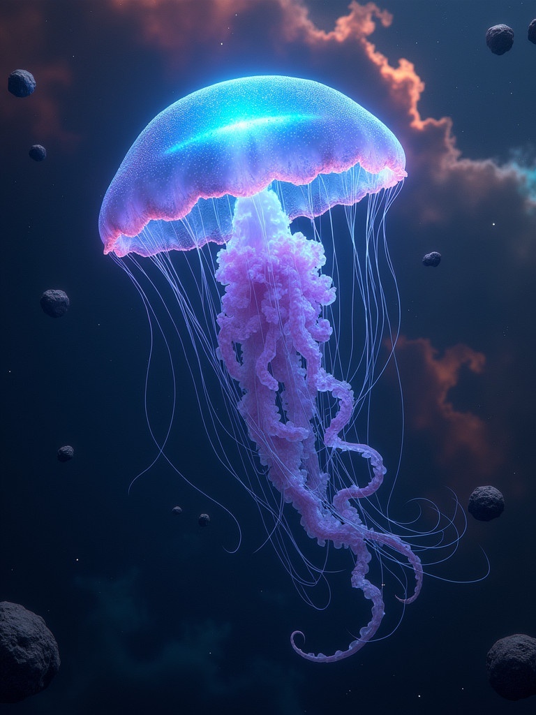 A massive glowing jellyfish floats in space. Its bell has luminous shades of blue and purple. Tentacles shimmer and trail downwards. Surrounding it are floating asteroids and debris. In the background is a colorful nebula. The scene is majestic and surreal.