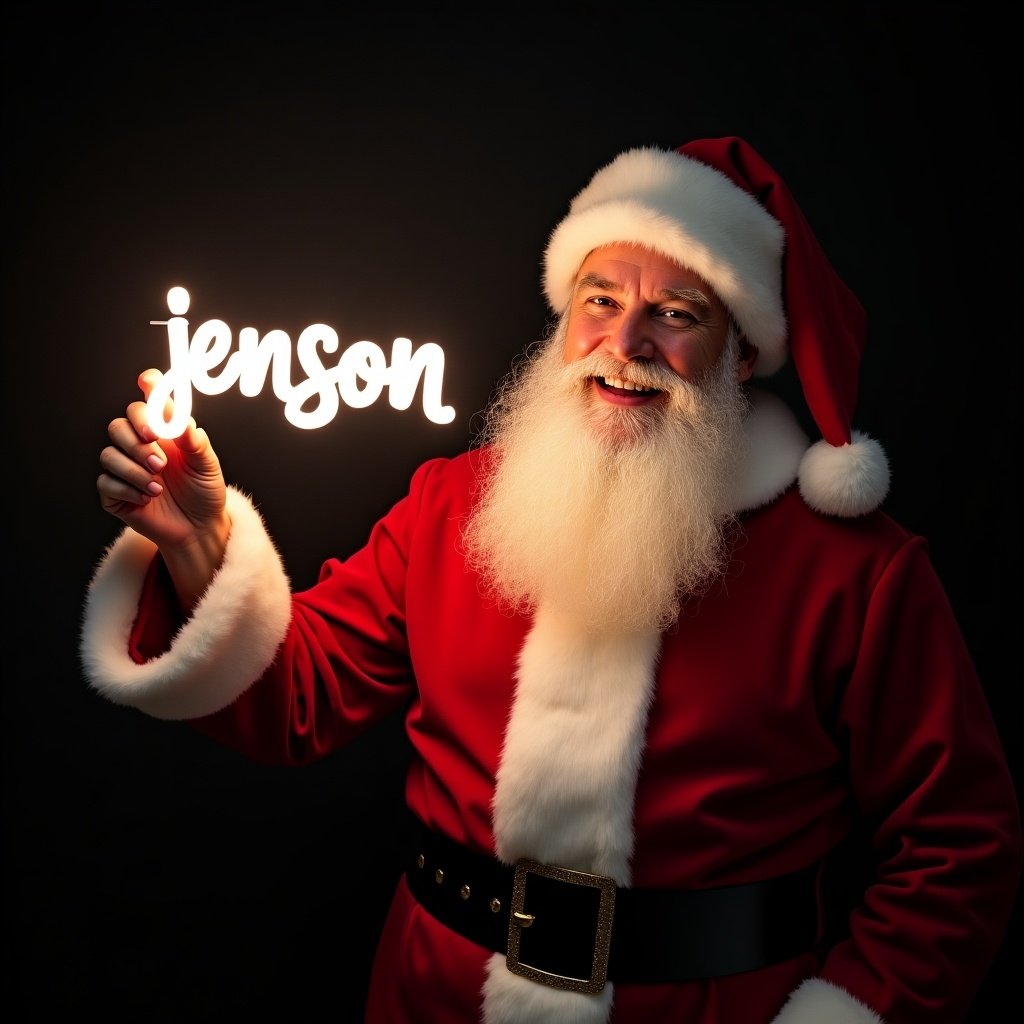 Santa Claus in a red and white suit holds a glow stick spelling the name 'jenson'. Dark background enhances glowing text. Santa expresses warmth and holiday cheer. Scene evokes festive magic.