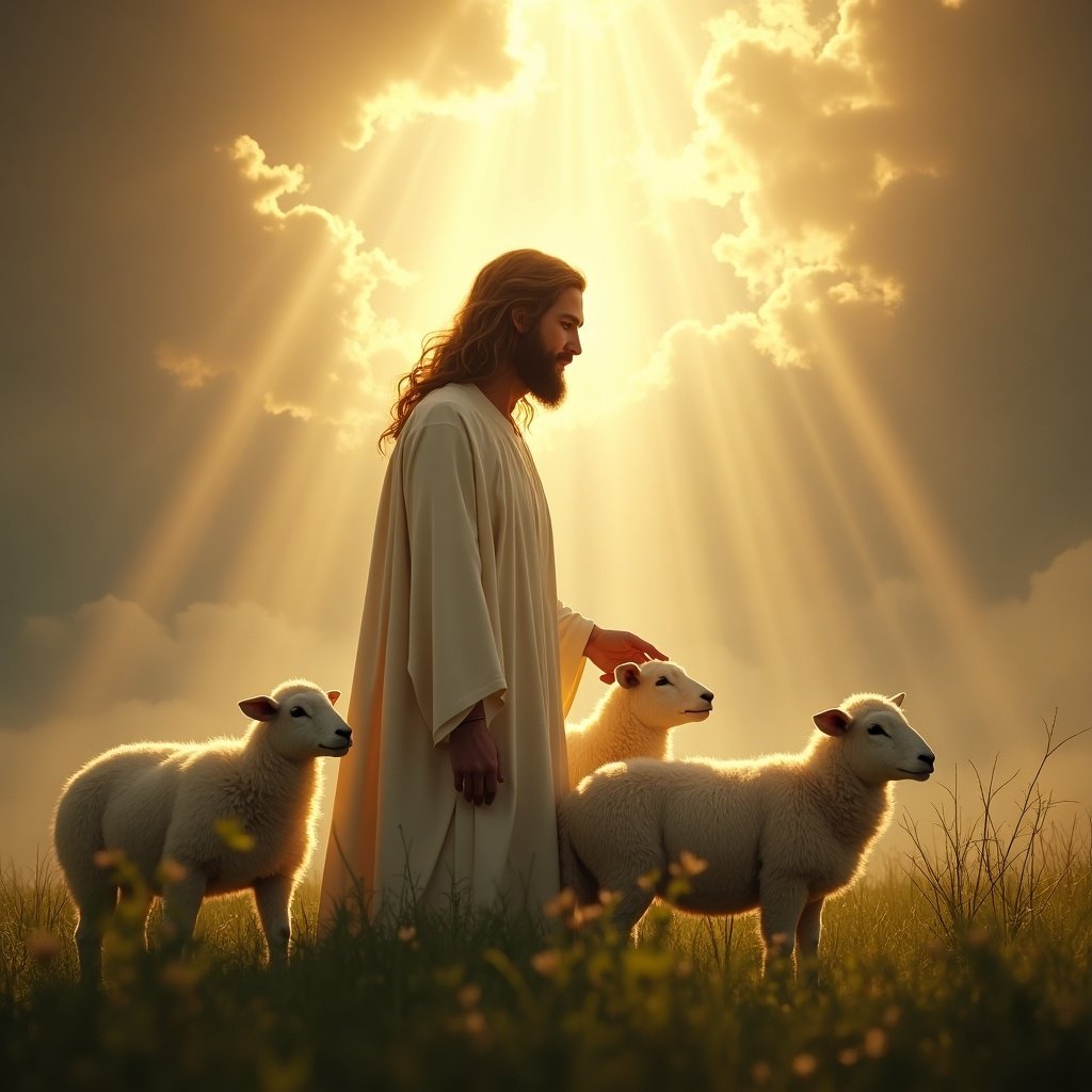 Serene moment with Jesus and gentle sheep. Jesus wears a white robe and has long hair. Sheep are close to him, conveying innocence. Background has lush greenery and soft sunlight. The scene feels warm and comforting, highlighting the bond between Jesus and his followers. The artwork features a glowing figure symbolizing divinity. Dramatic background with swirling clouds and radiant light beams. Warm colors and soft shadows create depth and ethereal quality.