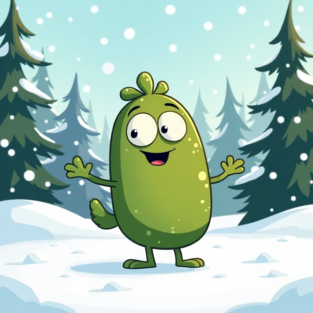 Cheerful green cartoon character stands in a snowy landscape. Character writes Lukas in the snow. Background features pine trees. Bright winter day.