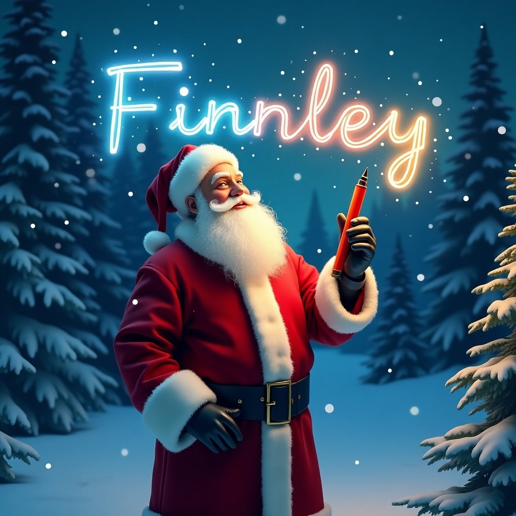 Santa Claus holds a glowing pen writing in the sky with colorful letters spelling Finnley against a snowy forest backdrop.