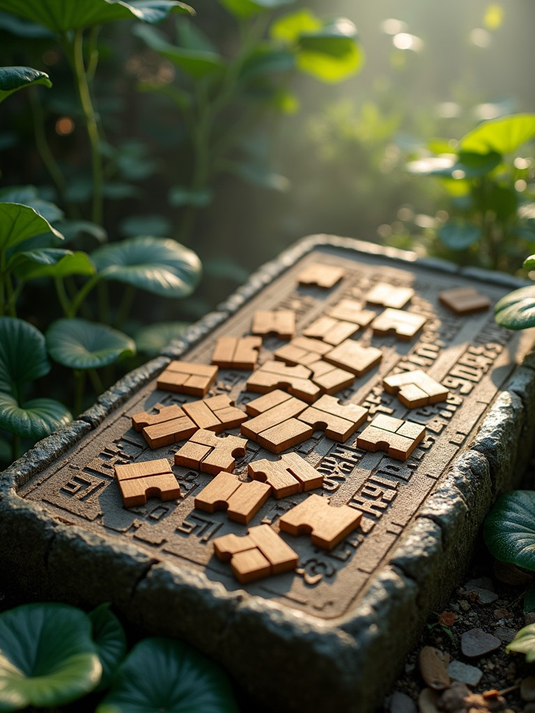 Wooden tangram puzzle pieces lay scattered across a worn stone tablet. The tablet features etched Chinese seal script. Lush green plants surround the scene. A misty atmosphere creates a mystical ambiance. Rich color nuances are visible.