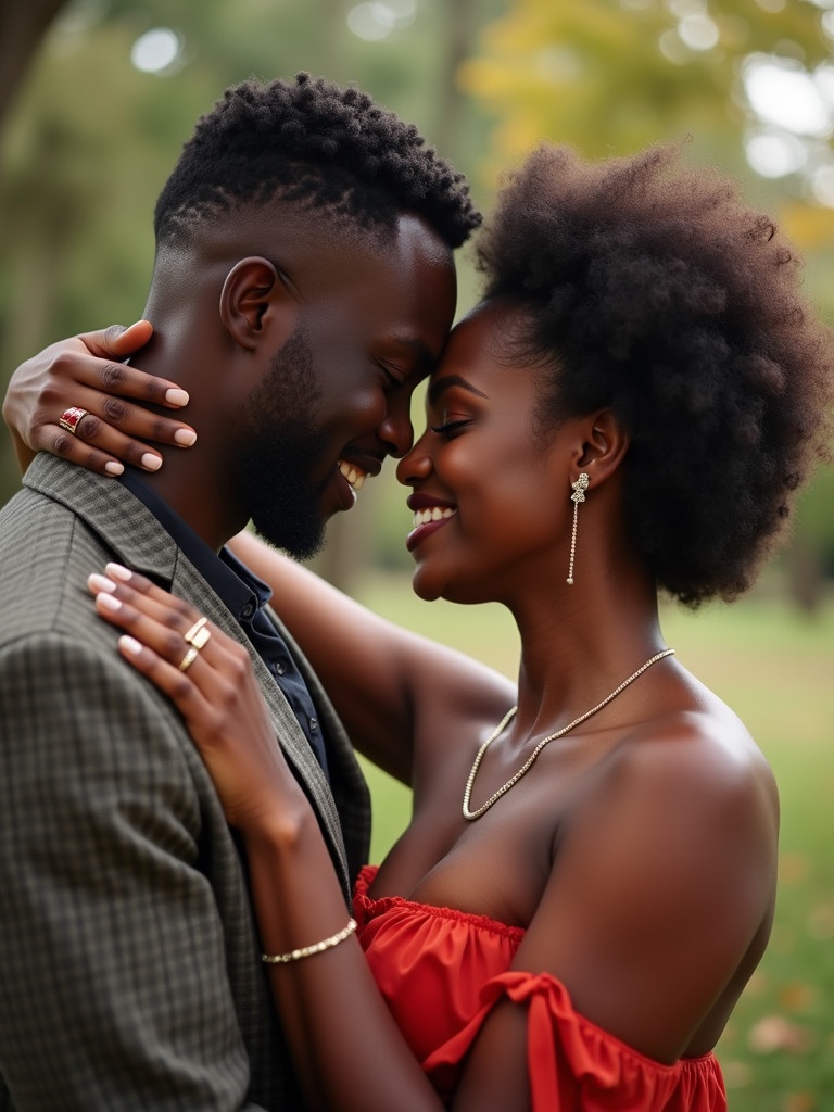 A Nigerian man and a Kenyan woman share a romantic moment in an outdoor setting. The man wears a suit and shows elegance. The woman has a curvy figure and wears a vibrant red dress. They are close, focusing on their affection for each other. The background is softly blurred with greenery.