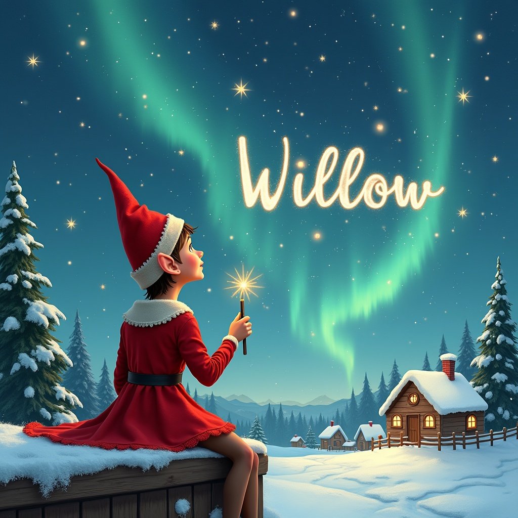 Elf in a red outfit with a pointed hat sits on wooden ledge. Holds a sparkling wand while gazing at a magical sky. Elf writes 'Willow' with the wand. Snowy landscape with charming houses and evergreen trees under Northern Lights. Captures childhood magic and Christmas cheer.