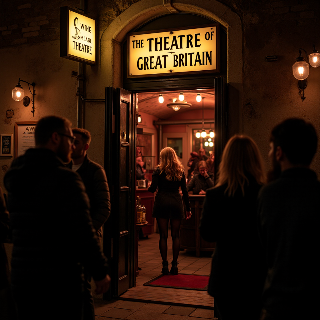 People gather outside the warmly lit entrance of 'The Theatre of Great Britain' as a woman in a black dress walks inside.