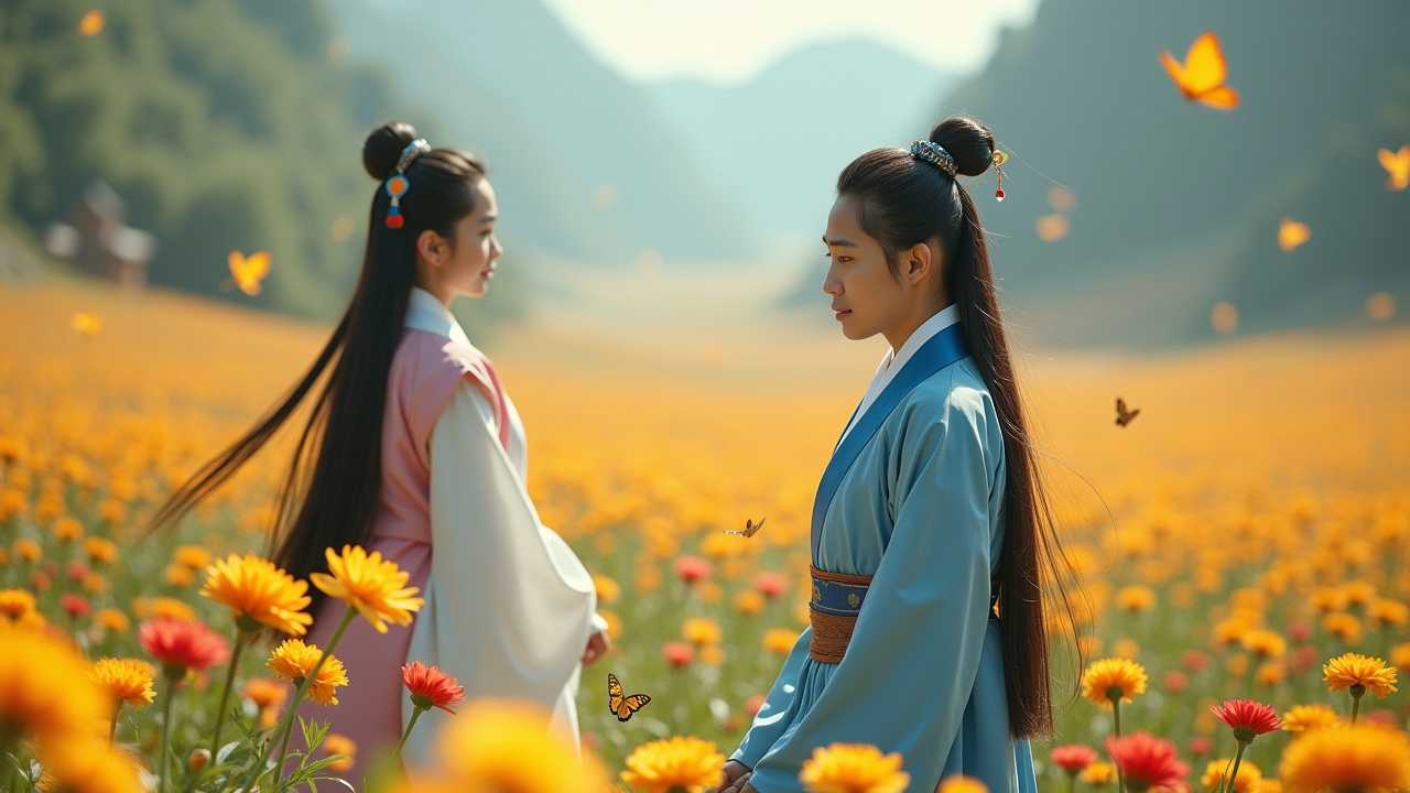 The scene depicts two individuals in traditional East Asian attire standing in a vibrant flower field. The woman wears a soft pink outfit, while the man is in a blue robe. Their long hair flows elegantly, with hints of butterfly movement around them. The landscape is filled with colorful flowers, creating a picturesque and serene environment. This imagery evokes a sense of peace and connection to nature.