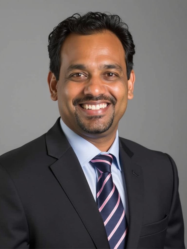 A man dressed in a gray suit with a blue shirt and purple striped tie. He is posing for a professional portrait against a neutral background. The image conveys professionalism and confidence.